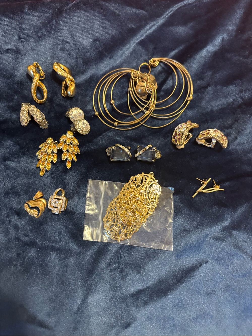 Vintage Cstm LotJewelry Earrings Clip On Pierced Rhinestone 2 Pendants Gold Tone